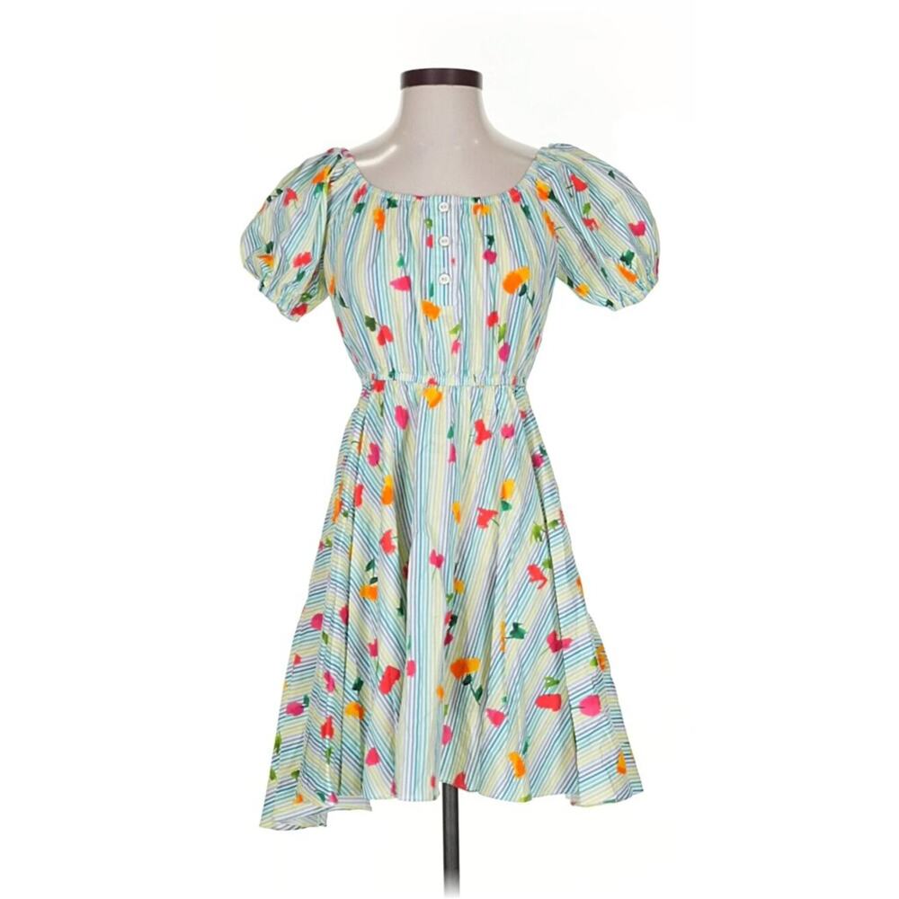 Caroline Constas Bardot Midi Dress Small Floral Pinstripe Cottage Resort Cruise - Picture 2 of 9
